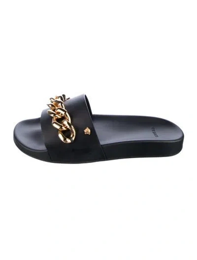 Pre-owned Versace Leather Chain-link Accents Slides In Blue
