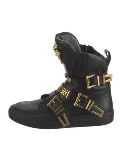 Pre-owned Versace Leather Chain-link Accents Sneakers In Black
