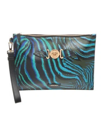 Pre-owned Versace Leather Clutch In Blue