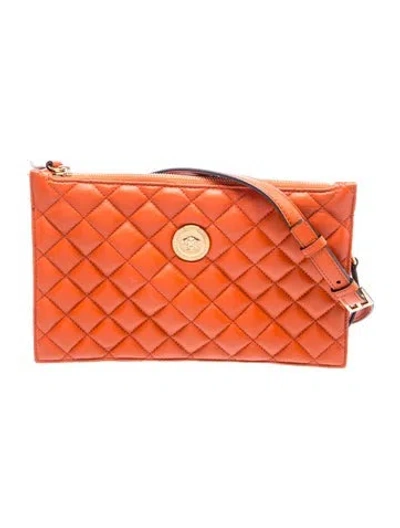 Pre-owned Versace Leather Clutch In Orange