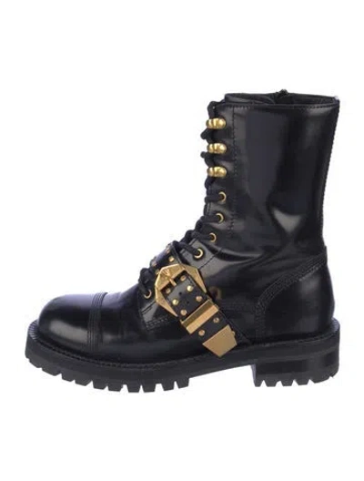Pre-owned Versace Leather Combat Boots In Blue