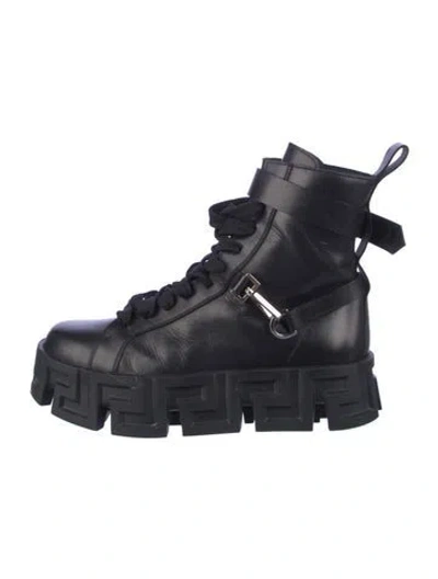 Pre-owned Versace Leather Combat Boots In Blue