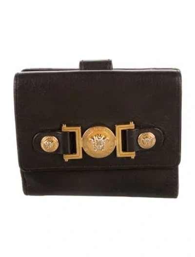 Pre-owned Versace Leather Compact Wallet In Black