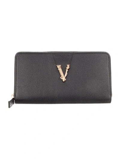 Pre-owned Versace Leather Continental Wallet In Black
