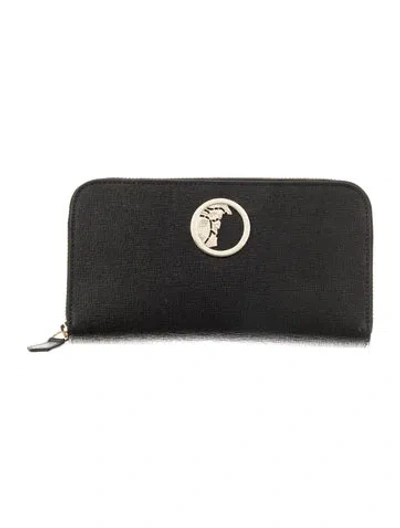 Pre-owned Versace Leather Continental Wallet In Black