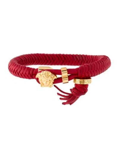 Pre-owned Versace Leather Cord Medusa Bracelet In Red
