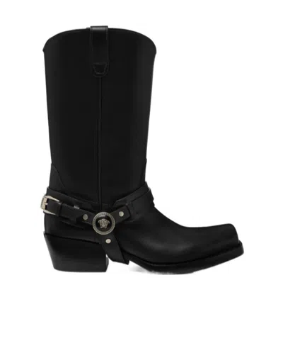 Versace Leather Cowboy Boots In Black
