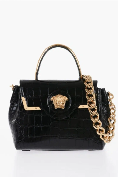 Versace Leather Croco-effect La Medusa Bag With Metallic Application In Black