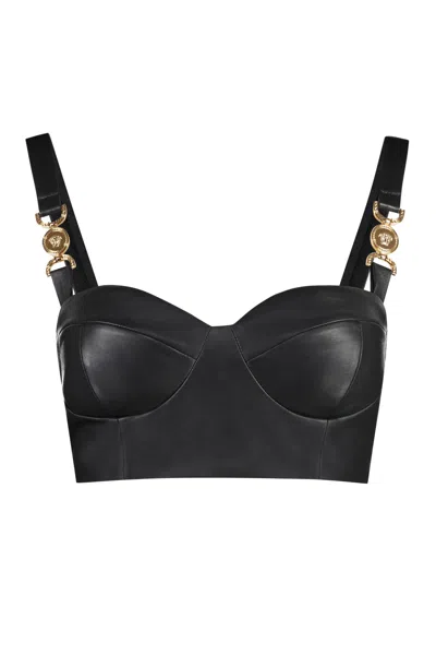 Versace Leather Crop Top In Black