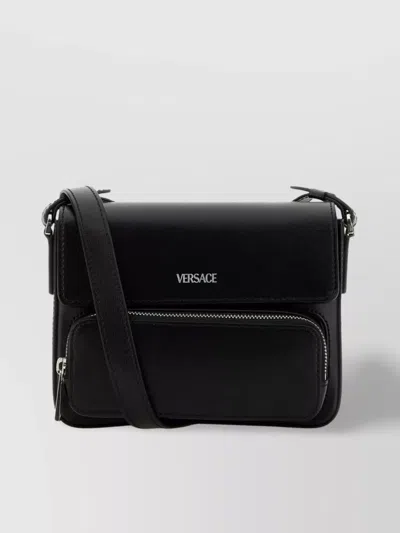 Versace Crossbody Leather Messenger Bag In Black
