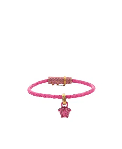 Versace Leather Crystal-embellished Bracelet In Pink