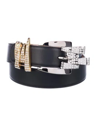 Pre-owned Versace Leather Crystal Embellishments Belt In Black
