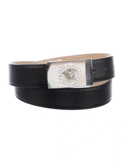 Pre-owned Versace Leather Crystal Embellishments Belt In Black