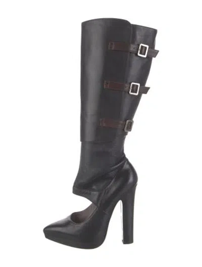 Pre-owned Versace Leather Cutout Accent Lace-up Boots In Black