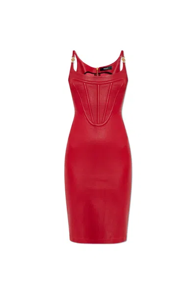 Versace Leather Dress With Shoulder Straps In Red