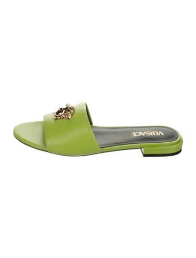 Pre-owned Versace Leather Embroidered Accent Slides In Green