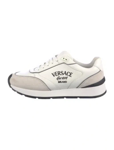 Pre-owned Versace Leather Embroidered Accent Sneakers In Neutral