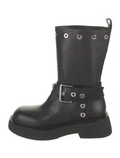 Pre-owned Versace Leather Eyelet Trim Moto Boots In Black