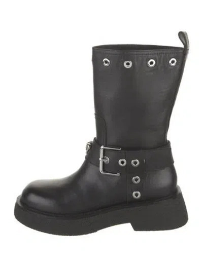 Pre-owned Versace Leather Eyelet Trim Moto Boots In Black