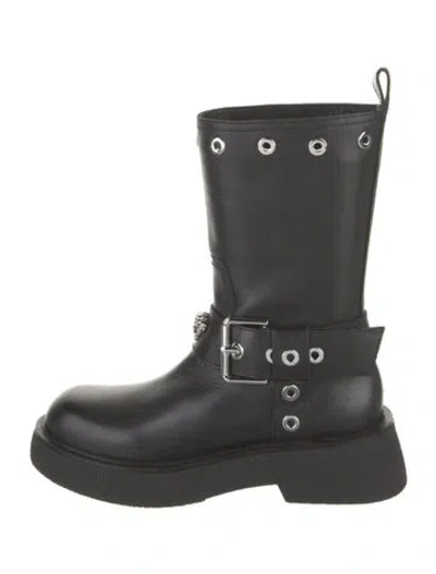 Pre-owned Versace Leather Eyelet Trim Moto Boots In Black