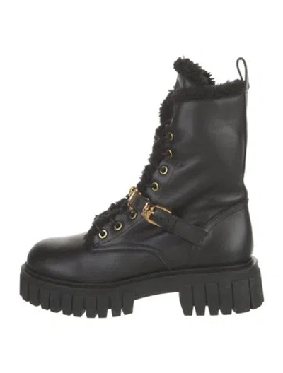 Pre-owned Versace Leather Faux Fur Trim Combat Boots In Black