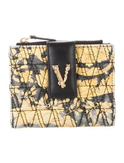 Pre-owned Versace Leather Floral Print Bifold Wallet In Black