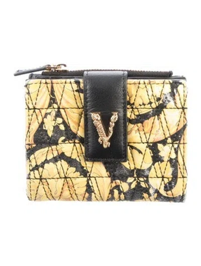 Pre-owned Versace Leather Floral Print Bifold Wallet In Black
