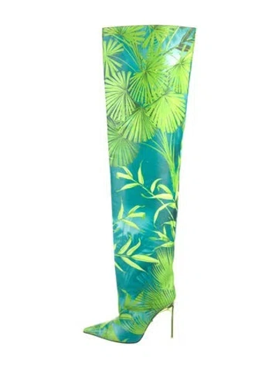 Pre-owned Versace Leather Floral Print Boots In Green
