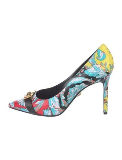 Pre-owned Versace Leather Floral Print Pumps In Blue