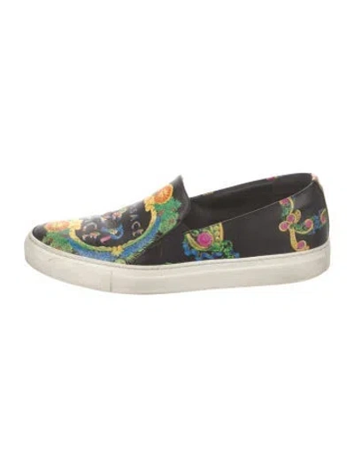 Pre-owned Versace Leather Floral Print Sneakers In Black