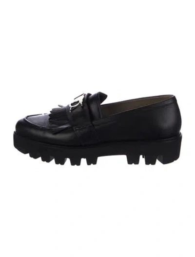 Pre-owned Versace Leather Fringe Trim Accent Loafers In Black