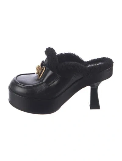 Pre-owned Versace Leather Fur Trim Mules In Black