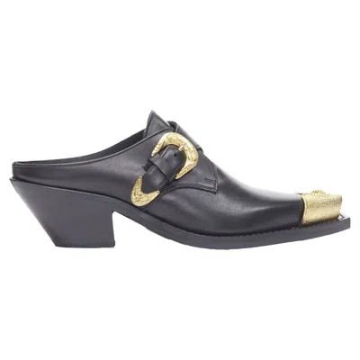 Versace Leather Gold Medusa Toe Western Buckle Cuban Mule In Black