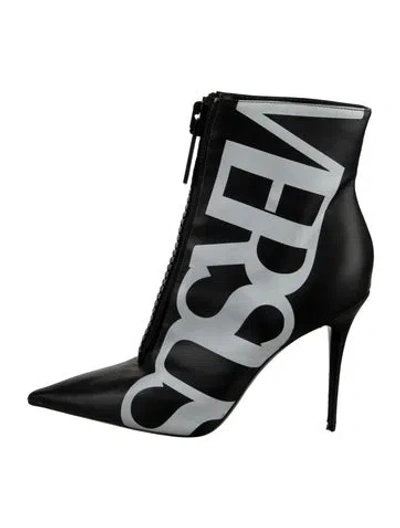Pre-owned Versace Leather Graphic Print Boots In Black