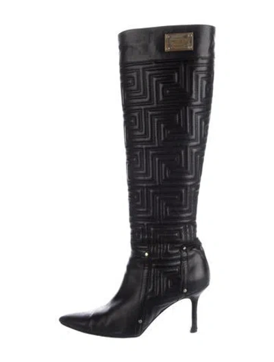 Pre-owned Versace Leather Graphic Print Boots In Black/blue
