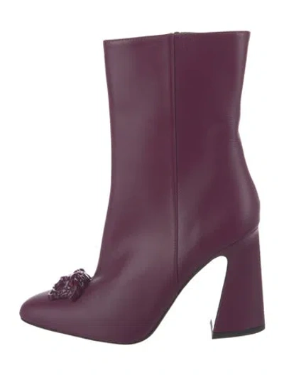 Pre-owned Versace Leather Graphic Print Boots In Purple