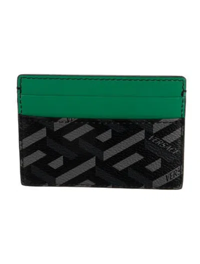 Pre-owned Versace Leather Graphic Print Card Holder In Black