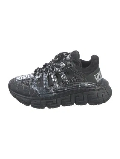 Pre-owned Versace Leather Graphic Print Chunky Sneakers In Black