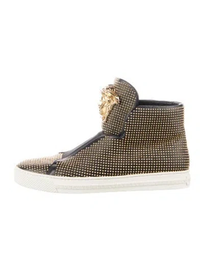 Pre-owned Versace Leather Graphic Print Chunky Sneakers In Black/gold