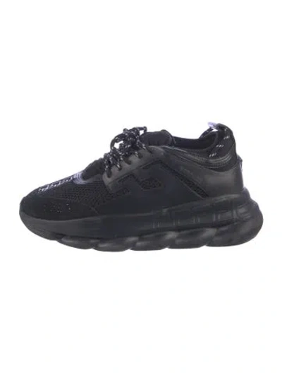 Pre-owned Versace Leather Graphic Print Chunky Sneakers In Blue