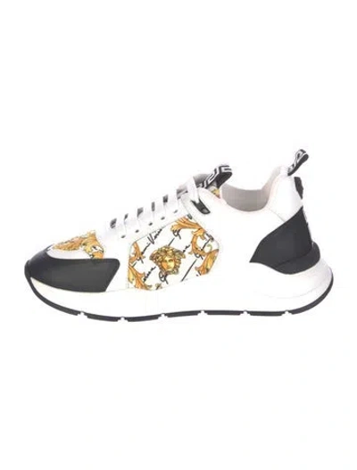 Pre-owned Versace Leather Graphic Print Chunky Sneakers In Gold/white