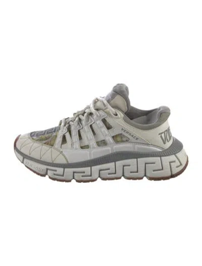 Pre-owned Versace Leather Graphic Print Chunky Sneakers In Grey