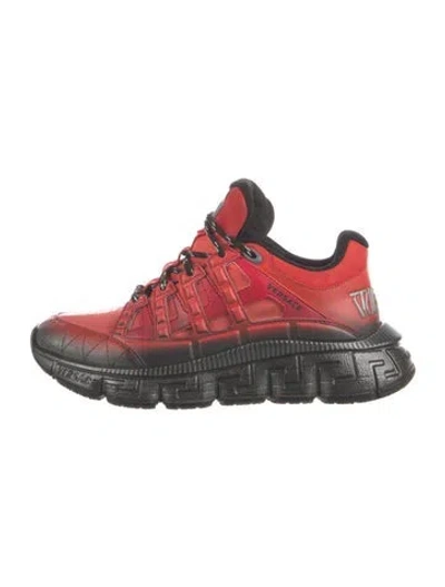 Pre-owned Versace Leather Graphic Print Chunky Sneakers In Red