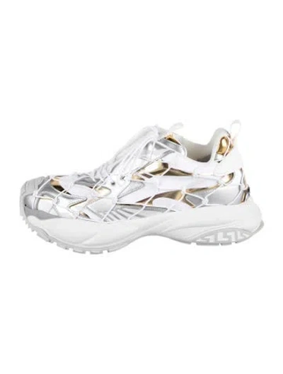 Pre-owned Versace Leather Graphic Print Chunky Sneakers W/ Tags In Silver
