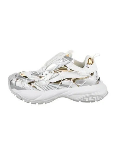 Pre-owned Versace Leather Graphic Print Chunky Sneakers W/ Tags In Silver