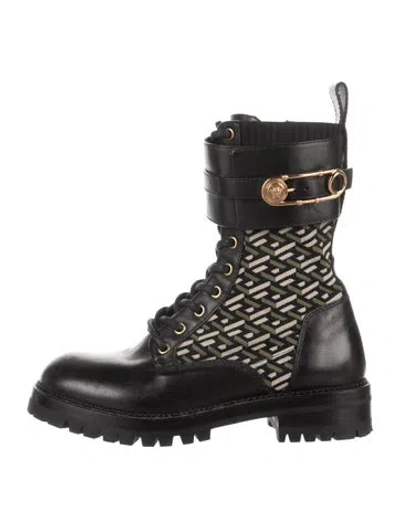 Pre-owned Versace Leather Graphic Print Combat Boots In Black