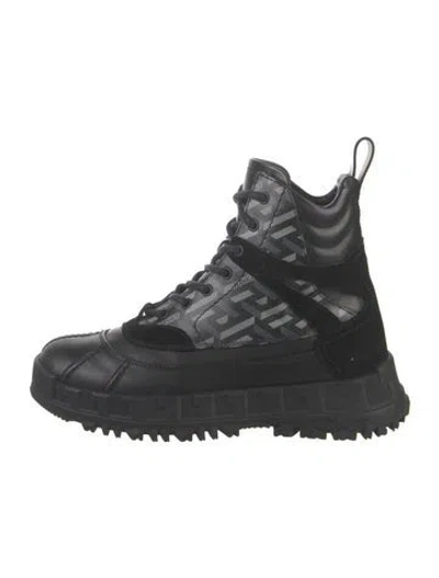 Pre-owned Versace Leather Graphic Print Lace-up Boots In Black