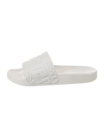 Pre-owned Versace Leather Graphic Print Slides In White