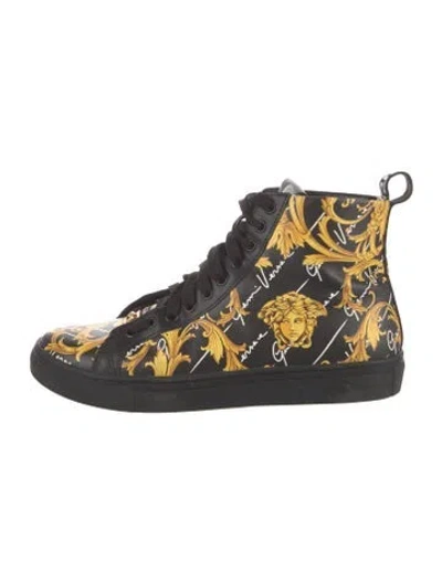 Pre-owned Versace Leather Graphic Print Sneakers In Black/gold/white