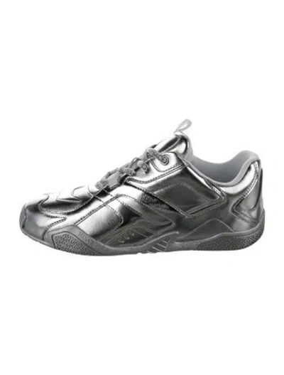 Pre-owned Versace Leather Graphic Print Sneakers In Metallic/silver